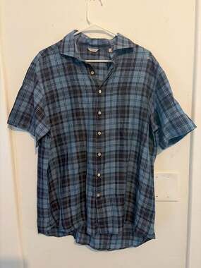 Stenströms Blue Plaid Short Sleeve Fitted Body Button Down Shirt Size XL
